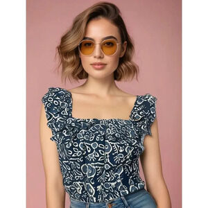 NWT Luna Moon Women's Blue Floral Ruffle Blouse‎ Boho Cottagecore Size Medium